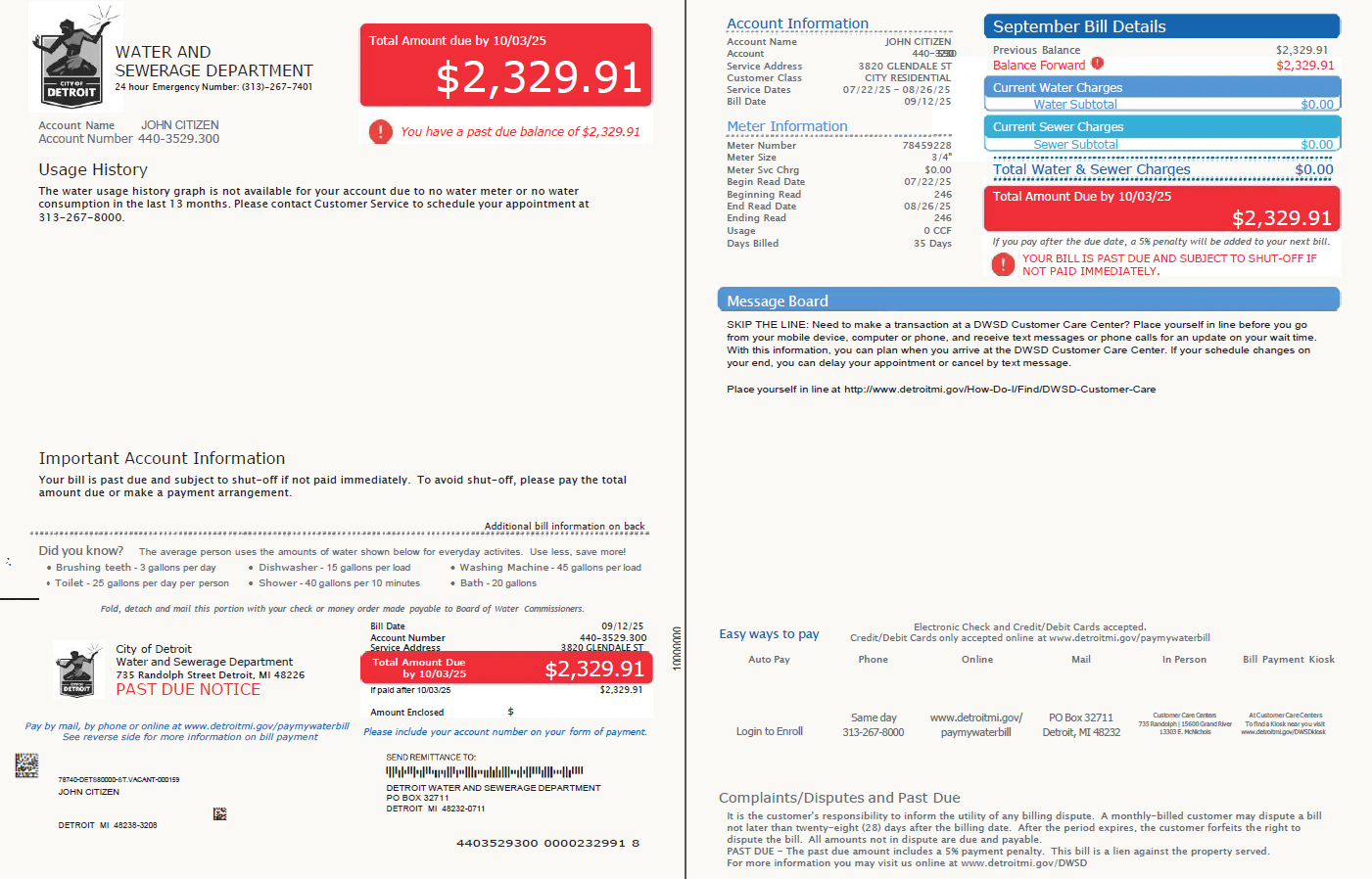 USA Glendale Water and Sewerage Department utility bill template in Word and PDF formats, 2 pages